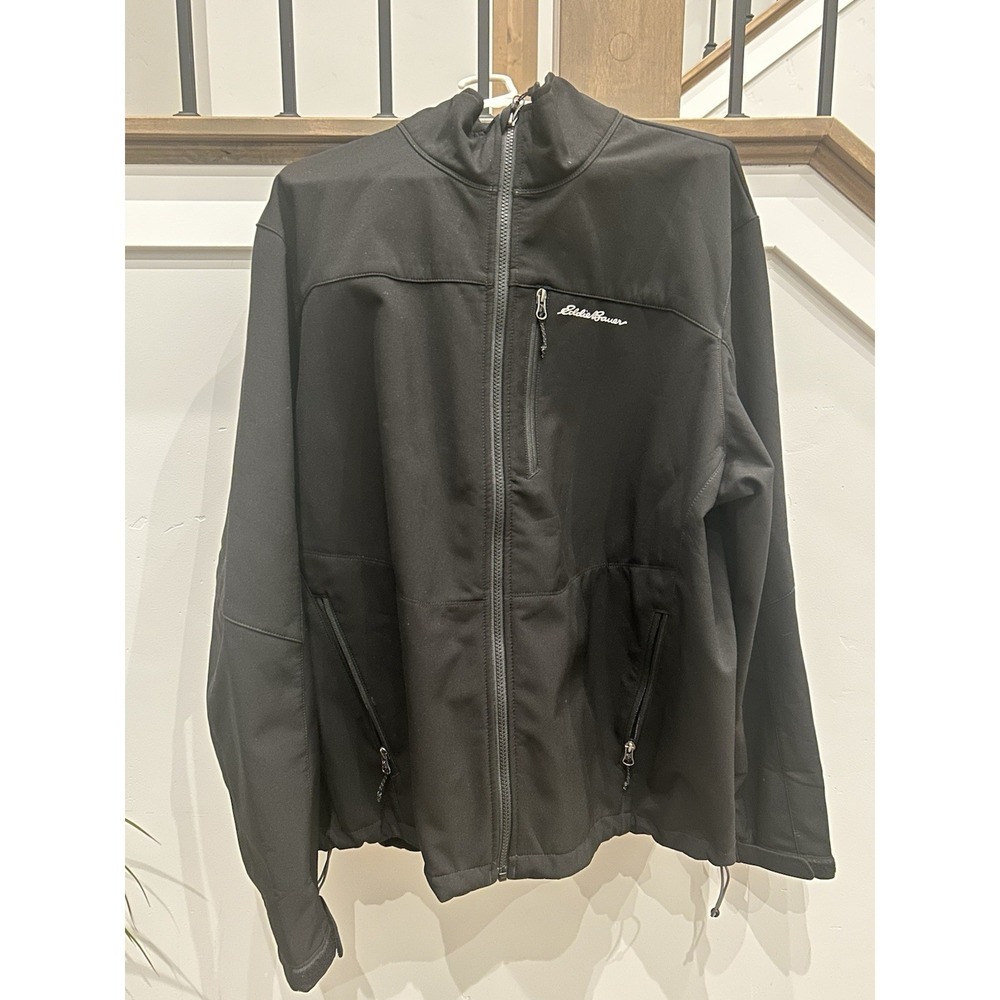 Eddie Bauer Full Zip Jacket Mens 2XL Black Gray Lined Softshell Hiking Coat